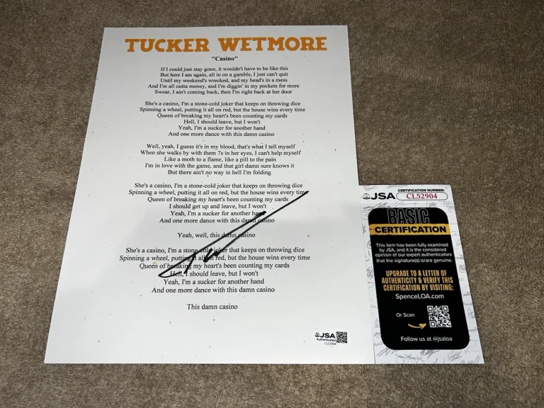 Tucker Wetmore Signed Casino Lyric Sheet Country Music Legend JSA Auth