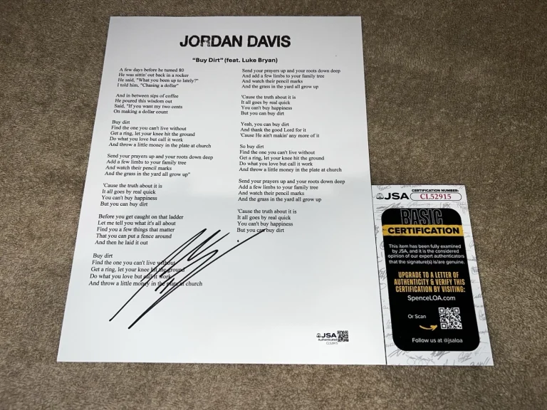Jordan Davis Signed Buy Dirt Lyric Sheet Country Music Legend JSA Auth