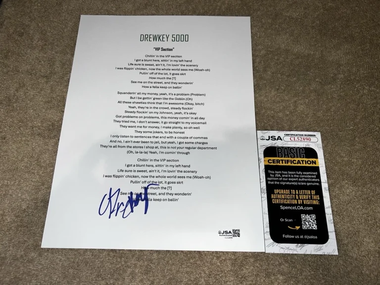 DrewKey 5000 Signed VIP Section Lyric Sheet Music Legend JSA Auth