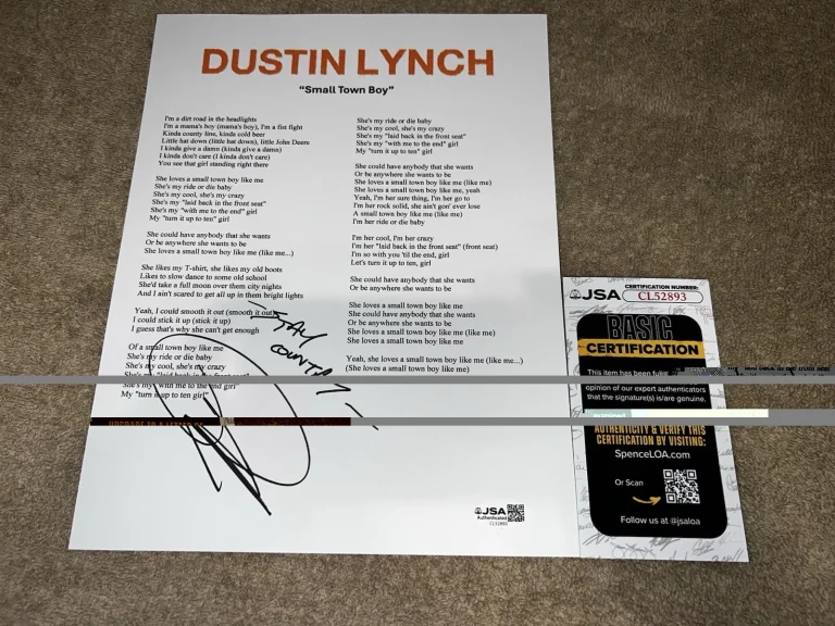 Dustin Lynch Signed Small Town Boy Lyric Sheet Country Music Legend JSA Auth