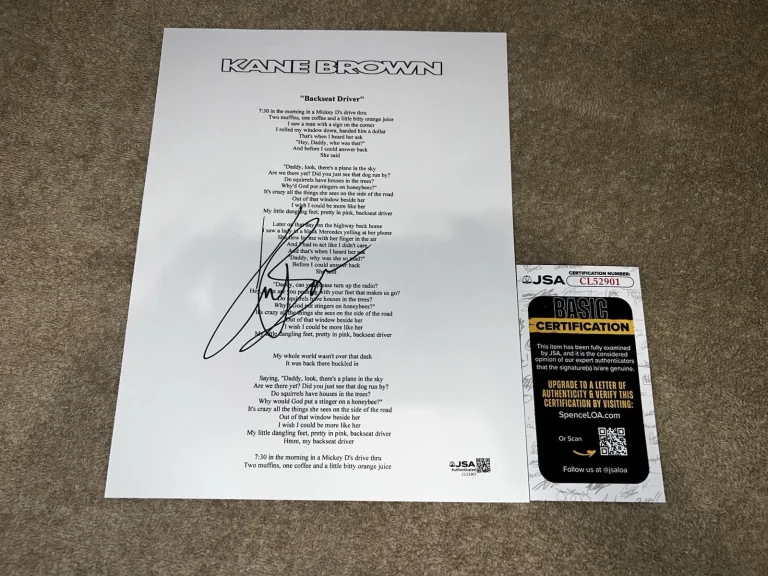Kane Brown Signed Backseat Driver Lyric Sheet Country Music Legend JSA Auth