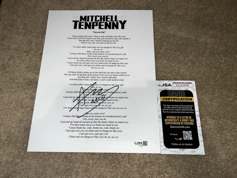 Mitchell Tenpenny Signed Drunk Me Lyric Sheet Country Music Star JSA Auth
