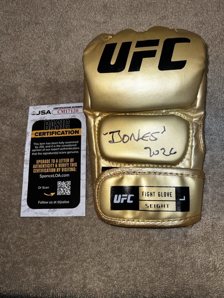 Jon Bones Jones Signed Gold UFC MMA Glove UFC Champ Legend JSA Auth