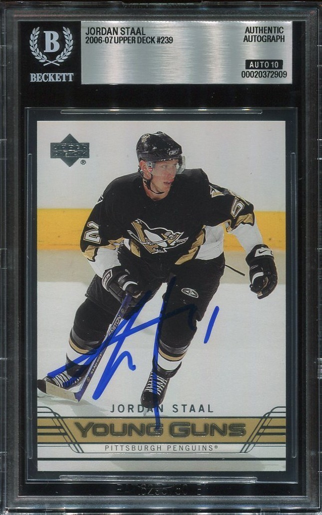 JORDAN STAAL signed auto 2006 UD YOUNG GUNS ROOKIE CARD RC YG BECKETT 10 (BAS)