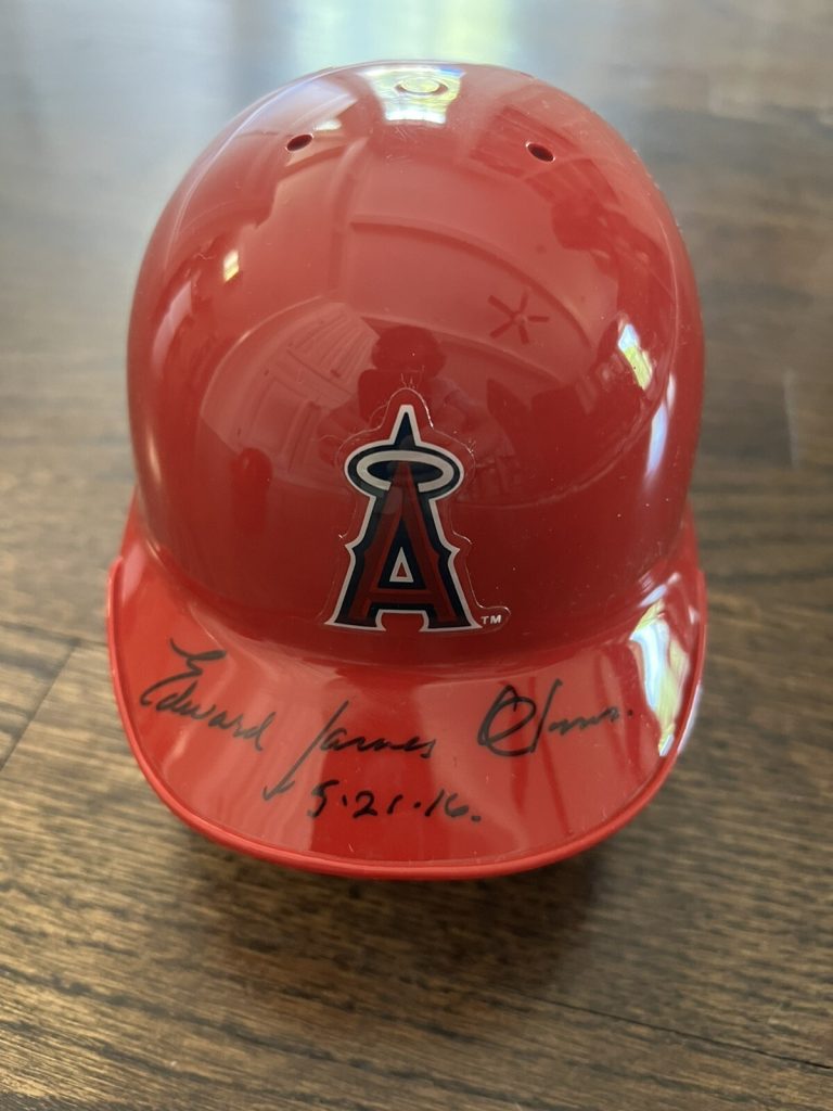 EDWARD JAMES OLMOS SIGNED ANGELS MINI BATTING HELMET “Talent For The Game”