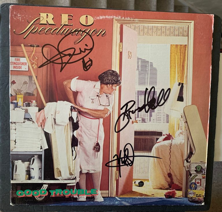 REO SPEEDWAGON SIGNED BY 3 VINYL KEVIN CRONIN GOOD TROUBLE DOUGHTY JSA COA HALL
