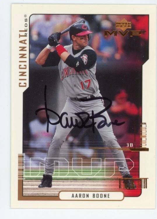 SIGNED BASEBALL CARD AUTO UPPER DECK UD 2000 MVP AARON BOONE REDS #156