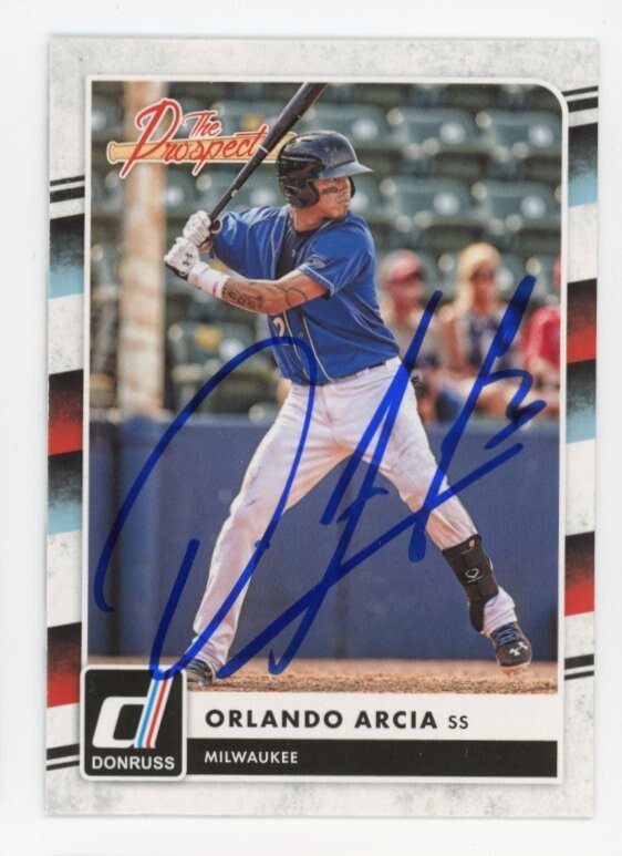 SIGNED BASEBALL CARD AUTO DONRUSS 2016 ORLANDO ARCIA MILWAUKEE BREWERS #TP7