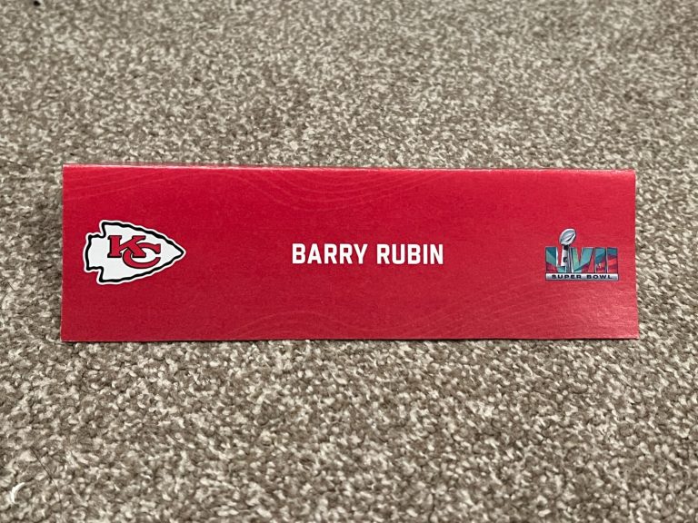 KANSAS CITY CHIEFS TEAM ISSUED SUPER BOWL LVII PAPER NAMEPLATE BARRY RUBIN
