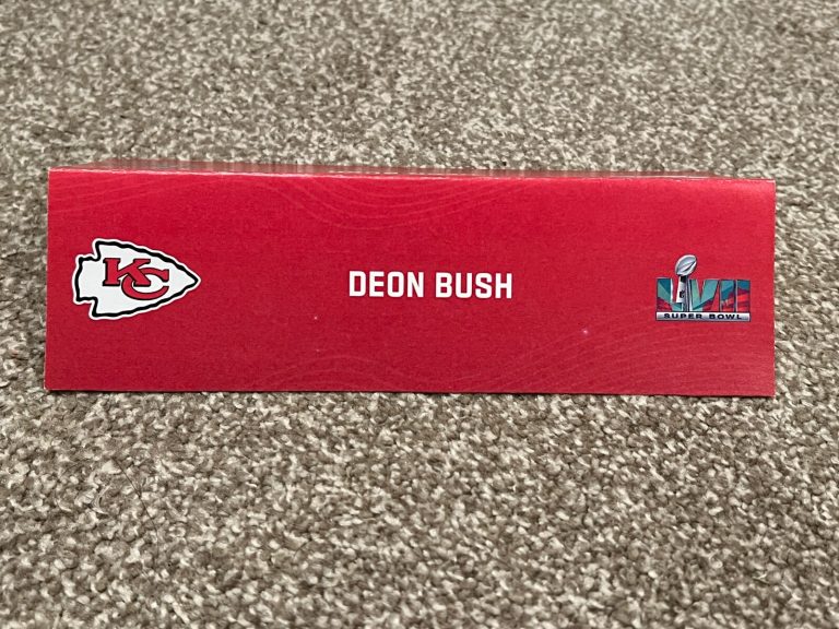 KANSAS CITY CHIEFS TEAM ISSUED SUPER BOWL LVII PAPER NAMEPLATE DEON BUSH