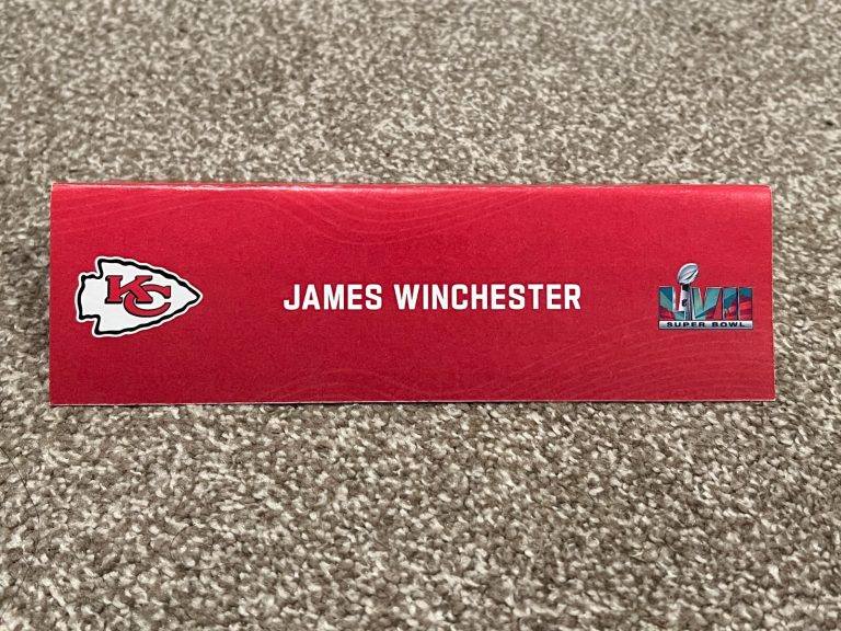 KANSAS CITY CHIEFS TEAM ISSUED SUPER BOWL LVII PAPER NAMEPLATE JAMES WINCHESTER