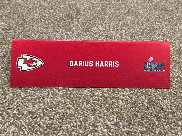 KANSAS CITY CHIEFS TEAM ISSUED SUPER BOWL LVII PAPER NAMEPLATE DARIUS HARRIS