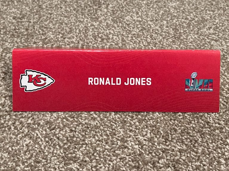 KANSAS CITY CHIEFS TEAM ISSUED SUPER BOWL LVII PAPER NAMEPLATE RONALD JONES