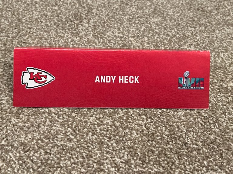 KANSAS CITY CHIEFS TEAM ISSUED SUPER BOWL LVII PAPER NAMEPLATE ANDY HECK