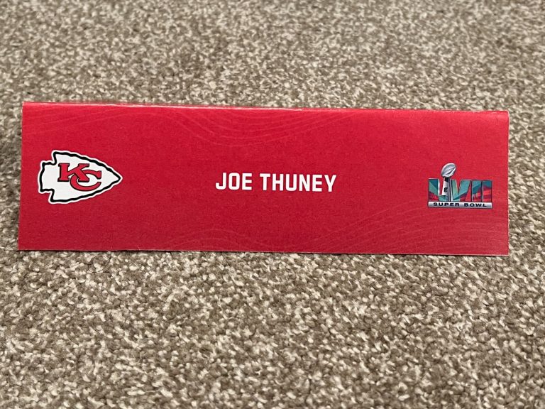 KANSAS CITY CHIEFS TEAM ISSUED SUPER BOWL LVII PAPER NAMEPLATE JOE THUNEY