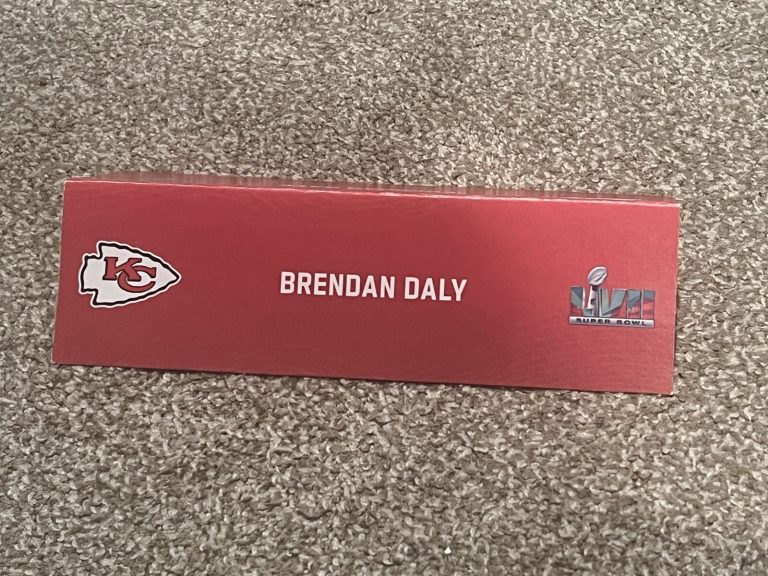KANSAS CITY CHIEFS TEAM ISSUED SUPER BOWL LVII PAPER NAMEPLATE BRENDAN DALY