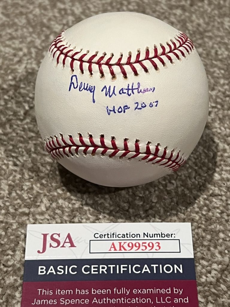DENNY MATTHEWS SIGNED BASEBALL AUTO FORD FRICK KANSAS CITY ROYALS HOF JSA COA