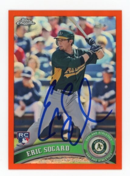 SIGNED BASEBALL CARD AUTO TOPPS CHROME 2011 ERIC SOGARD ORANGE RC OKLAND A's 184
