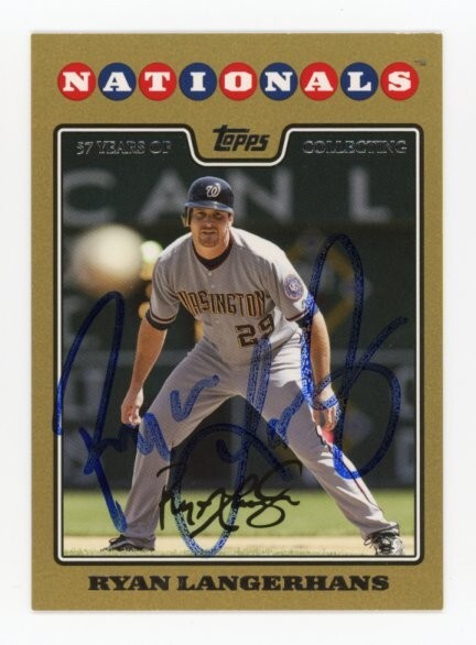 SIGNED BASEBALL CARD AUTO TOPPS 2008 RYAN LANGERHANS NATIONALS GOLD /2008