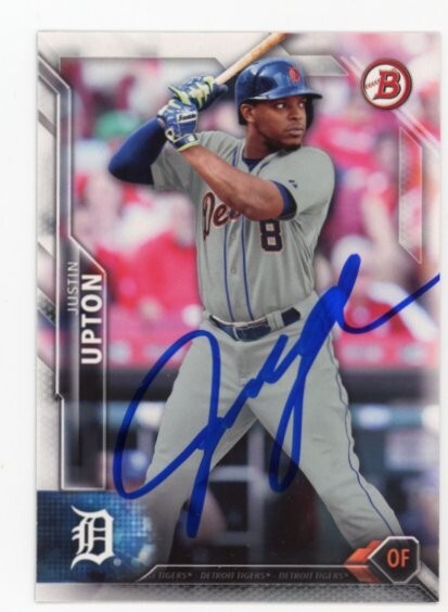 SIGNED BASEBALL CARD AUTO BOWMAN 2016 JUSTIN UPTON DETROIT TIGERS #72