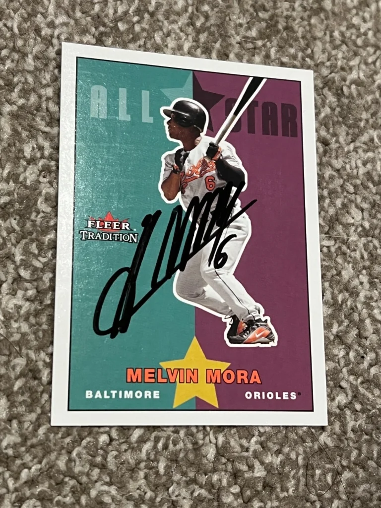 SIGNED BASEBALL CARD AUTO 2003 MELVIN MORA FLEER TRADITION BALTIMORE ORIOLES