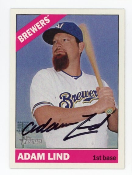 SIGNED BASEBALL CARD AUTO TOPPS HERITAGE 2015 ADAM LIND MILWAUKEE BREWERS #403