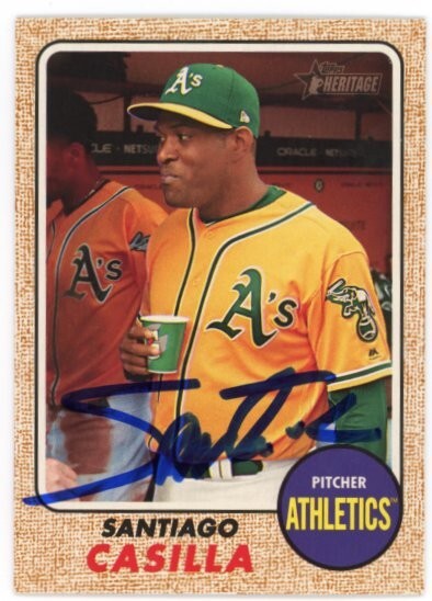 SIGNED BASEBALL CARD AUTO TOPPS 2017 HERITAGE SANTIAGO CASILLA OAKLAND A's #684