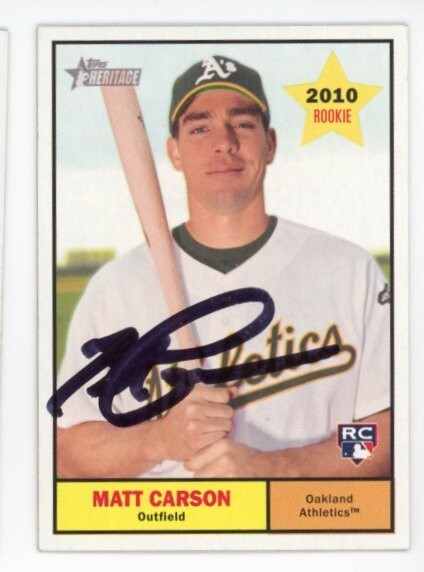 SIGNED BASEBALL CARD AUTO TOPPS HERITAGE 2010 MATT CARSON OAKLAND A's #39 RC