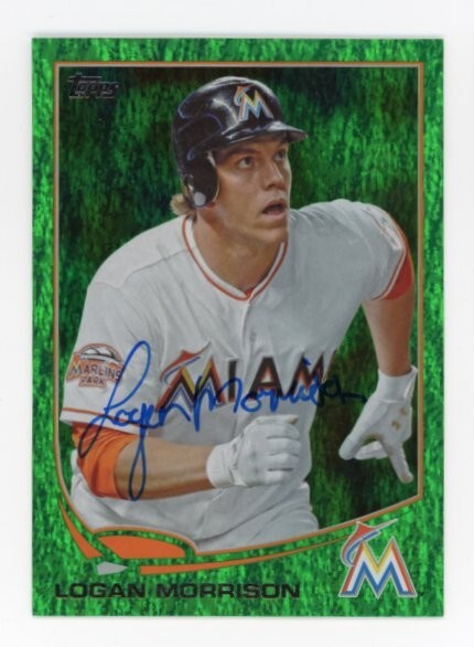 SIGNED BASEBALL CARD AUTO TOPPS 2013 LOGAN MORRISON MIAMI MARLINS GREEN VAR #409