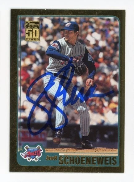 SIGNED BASEBALL CARD AUTO TOPPS 2001 SCOTT SCHOENEWEIS ANGELS GOLD /2001 #251