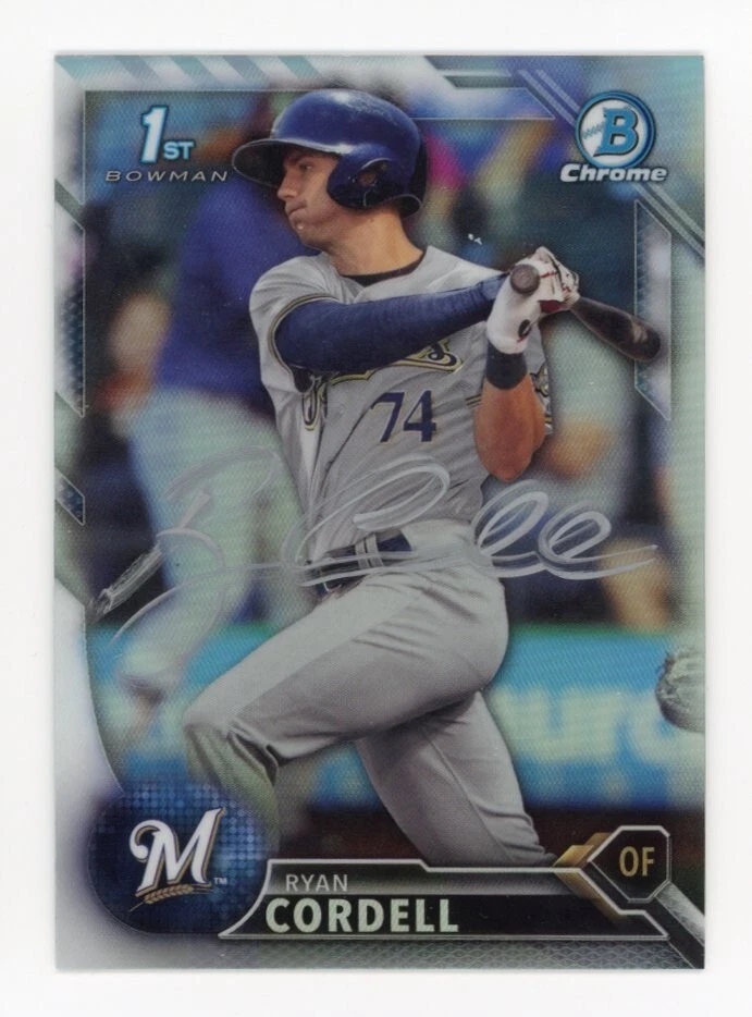 SIGNED BASEBALL CARD AUTO BOWMAN CHROME 2016 RYAN CORDELL REFRACTOR #151 BREWERS