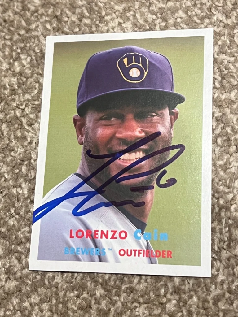 SIGNED BASEBALL CARD AUTO LORENZO CAIN 2021 TOPPS ARCHIVES #12 MILWAUKEE BREWERS
