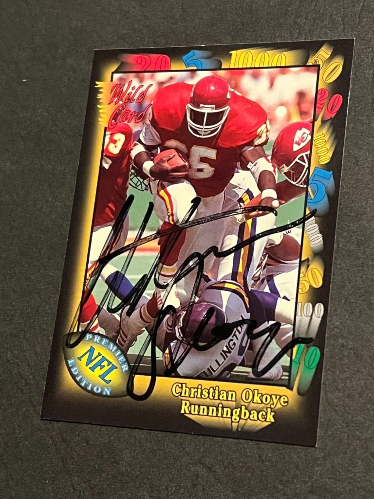 SIGNED FOOTBALL CARD AUTO KANSAS CITY CHIEFS CHRISTIAN OKOYE WILD CARD #5 1991