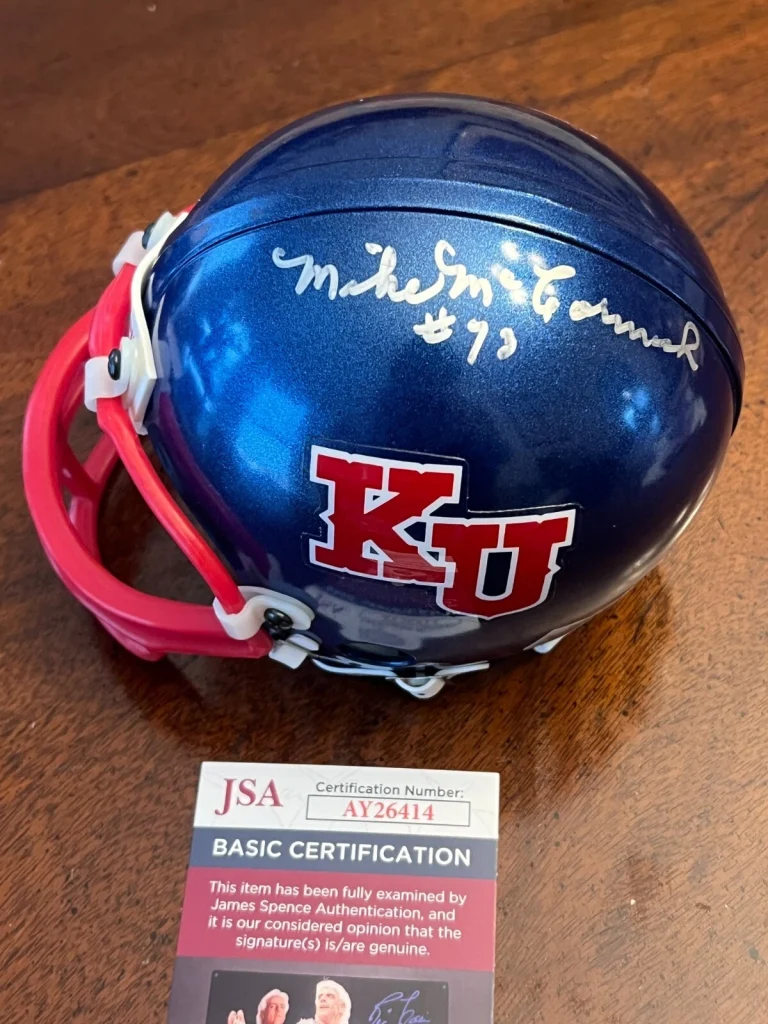 MIKE McCORMACK SIGNED FOOTBALL MINI HELMET KANSAS KU JAYHAWKS JSA COA NFL HOF