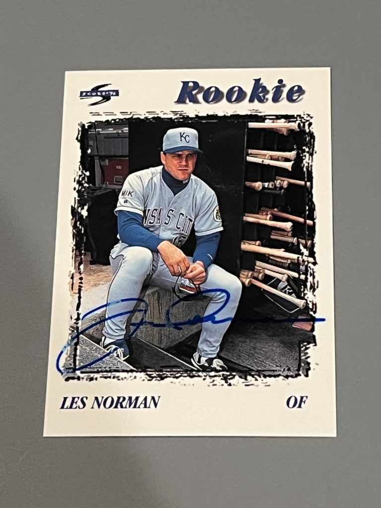 SIGNED BASEBALL CARD AUTO KANSAS CITY ROYALS LES NORMAN 1996 SCORE #262 RC