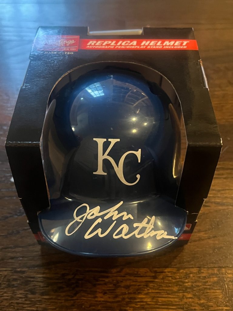 JOHN WATHAN SIGNED MINI BASEBALL BATTING HELMET KANSAS CITY ROYALS BAS COA