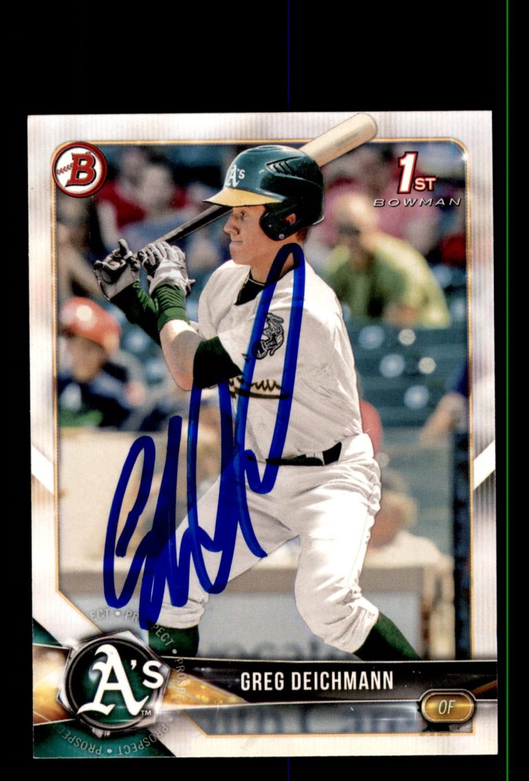 Signed Baseball Card Auto Greg Deichmann 2018 Bowman #BP45 Oakland Athletics