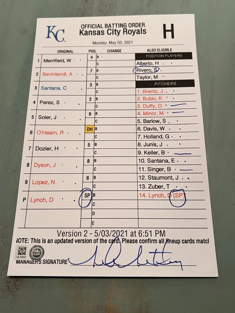 GAME USED KANSAS CITY ROYALS BASEBALL UMPIRE LINE UP CARD DANIEL LYNCH MLB DEBUT