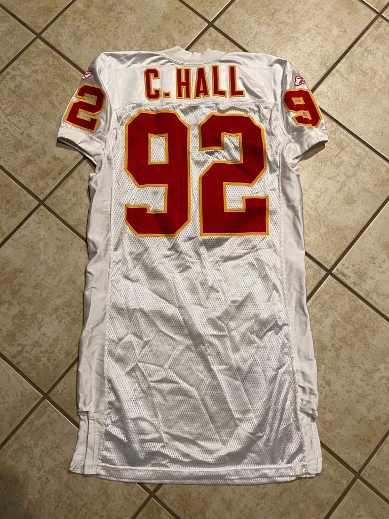 KANSAS CITY CHIEFS GAME USED ? ISSUED FOOTBALL JERSEY CARLOS HALL ARKANSAS