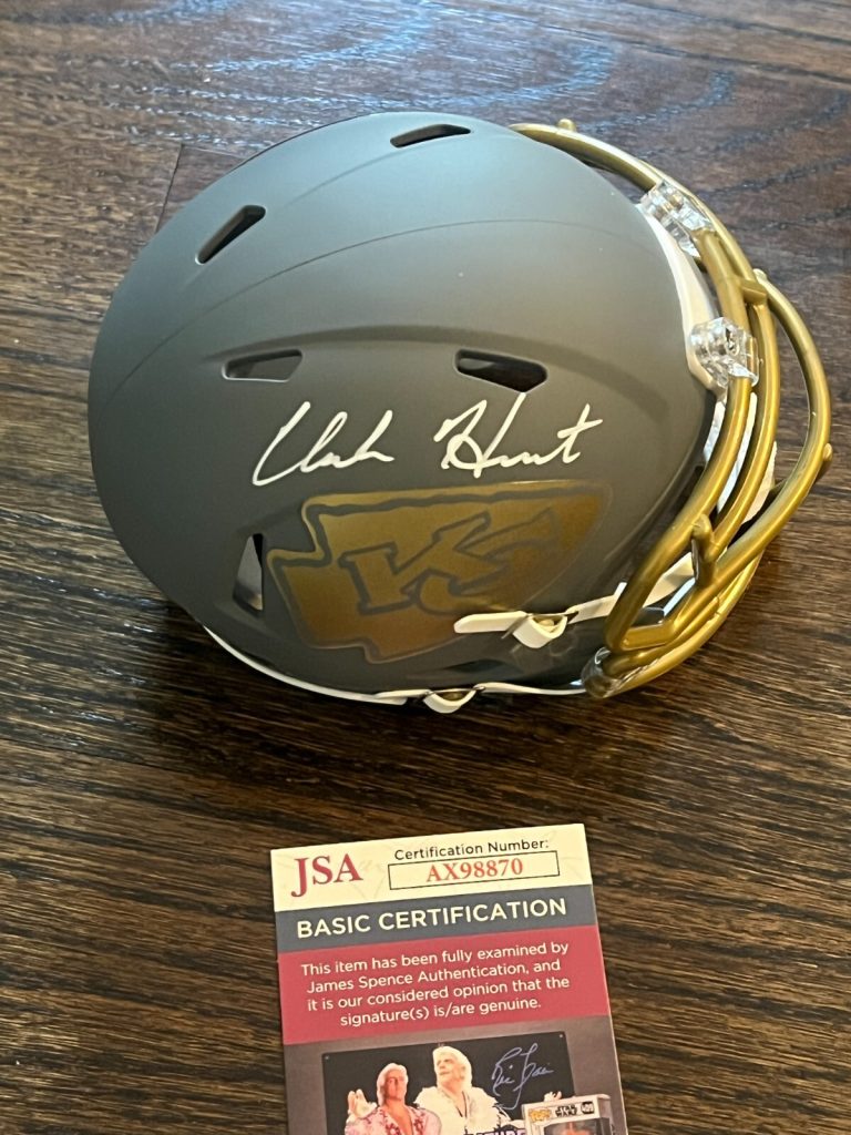 CLARK HUNT SIGNED FOOTBALL SLATE MINI HELMET KANSAS CITY CHIEFS AUTO JSA COA