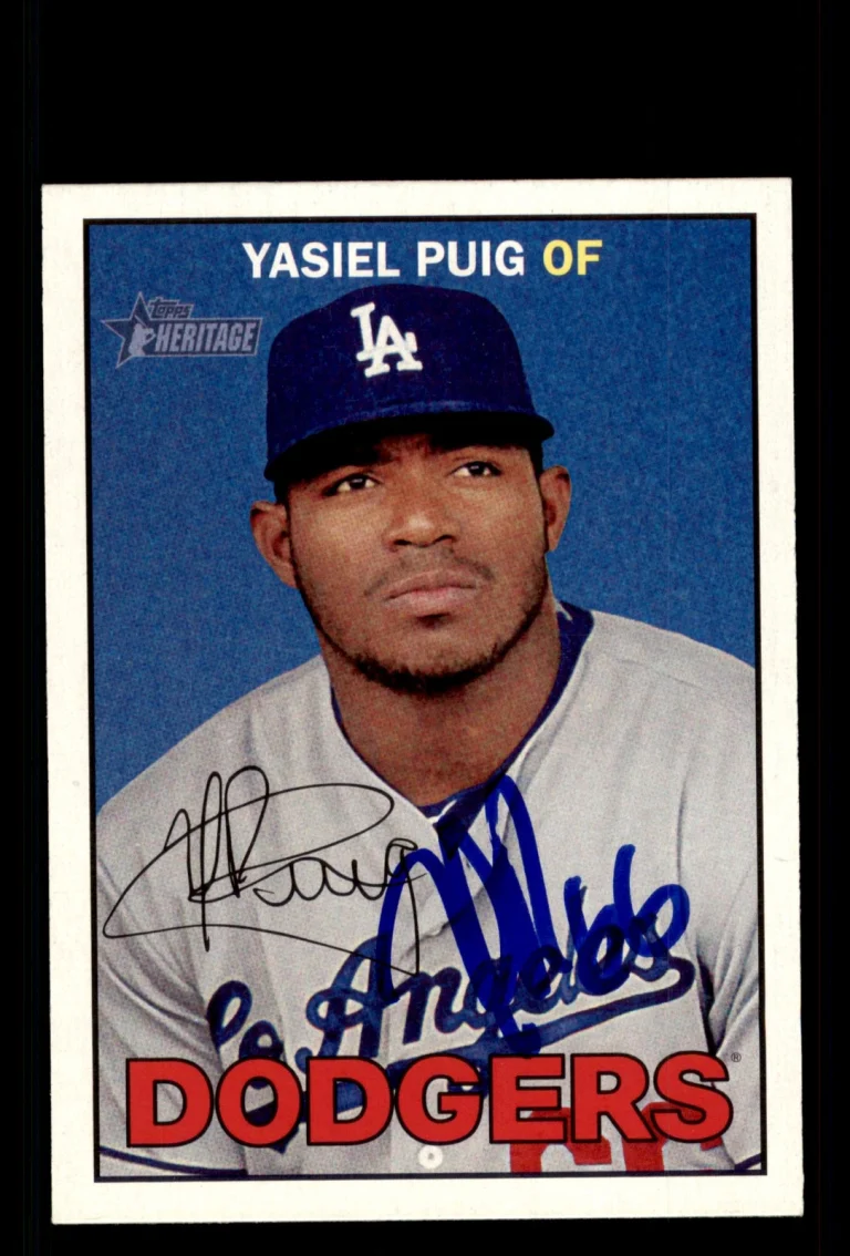 Signed Baseball Card Auto Yasiel Puig 2016 Topps Heritage #410 Dodgers