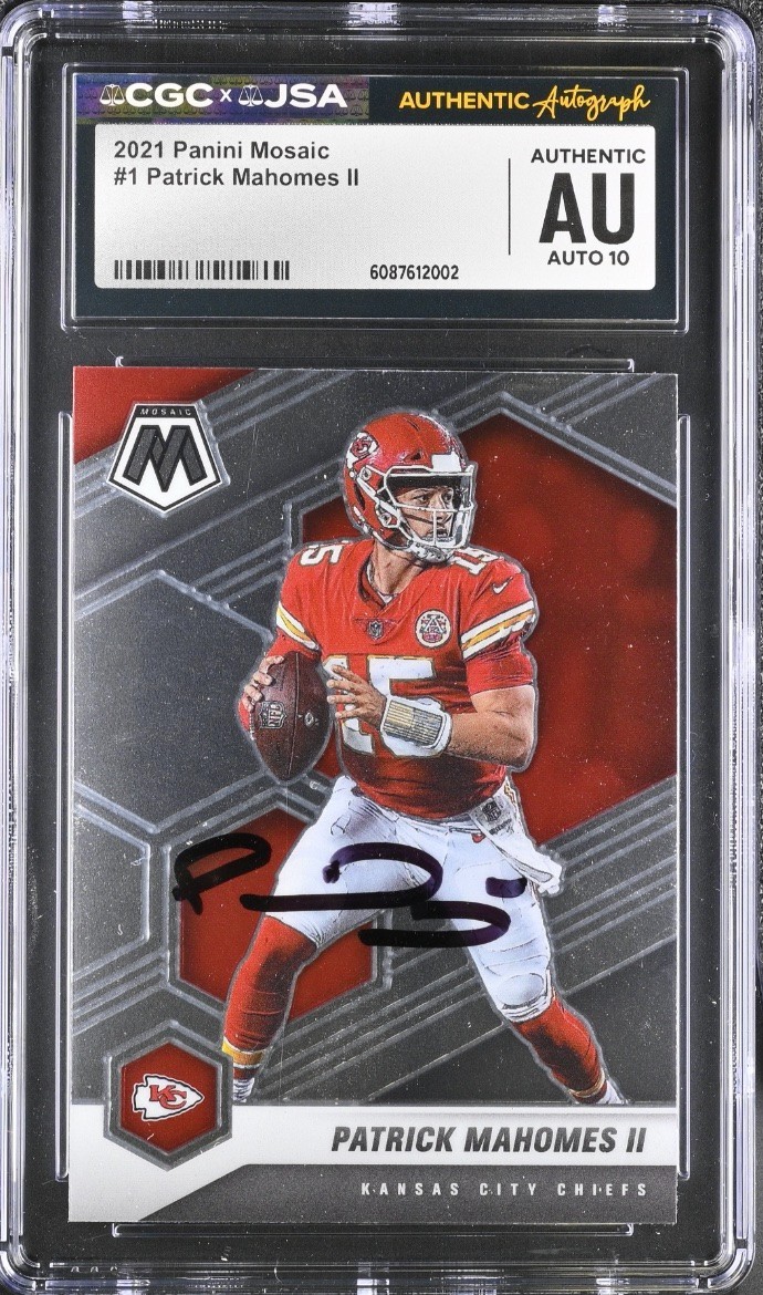 PATRICK MAHOMES SIGNED FOOTBALL CARD CHIEFS 2021 PANINI MOSAIC CGC JSA AUTO 10