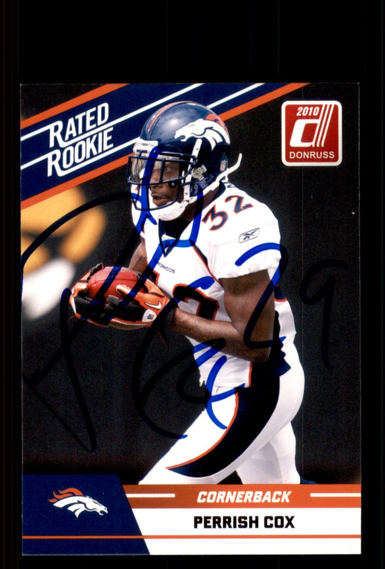 Signed Football Card Auto Perrish Cox 2010 Donruss Rated Rookies #81 Broncos