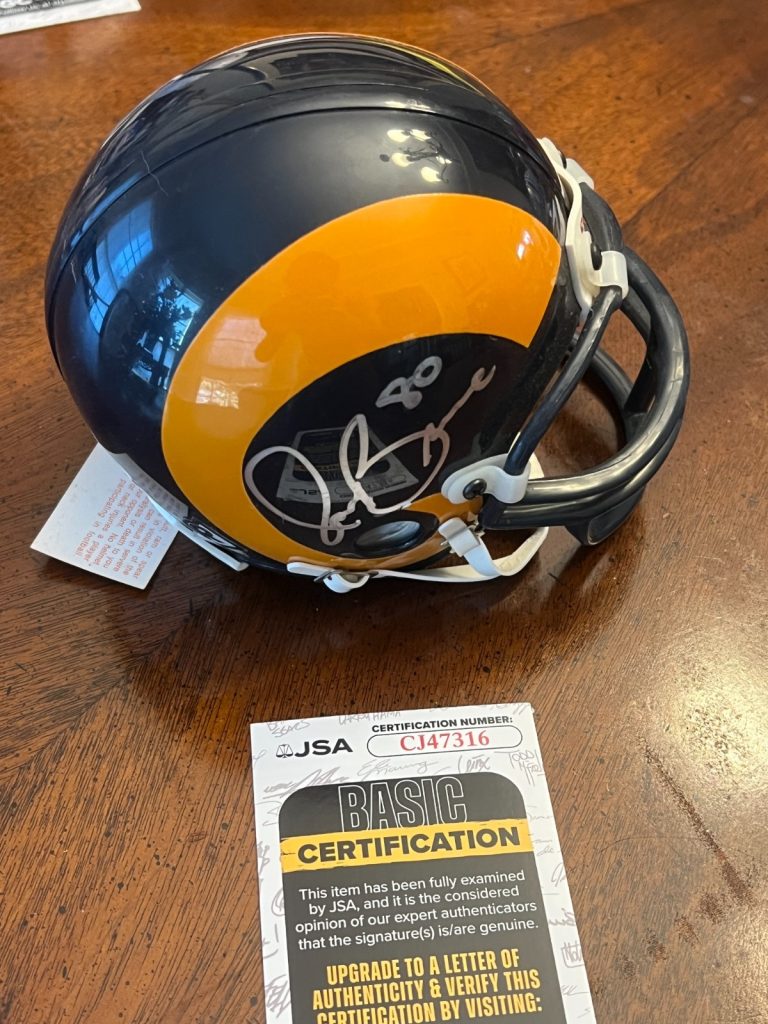 ISAAC BRUCE SIGNED FOOTBALL VTG MINI HELMET AUTO ST LOUIS RAMS HOF JSA COA