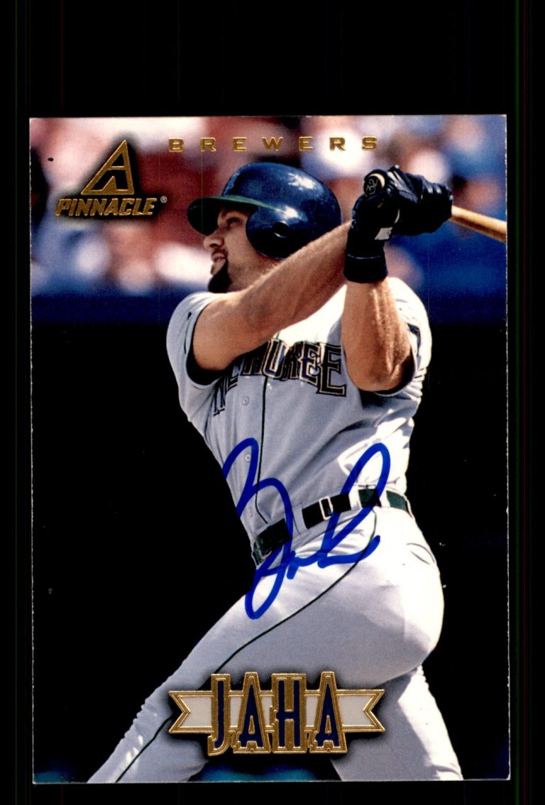 Signed Baseball Card Auto John Jaha 1997 New Pinnacle #23 Milwaukee Brewers
