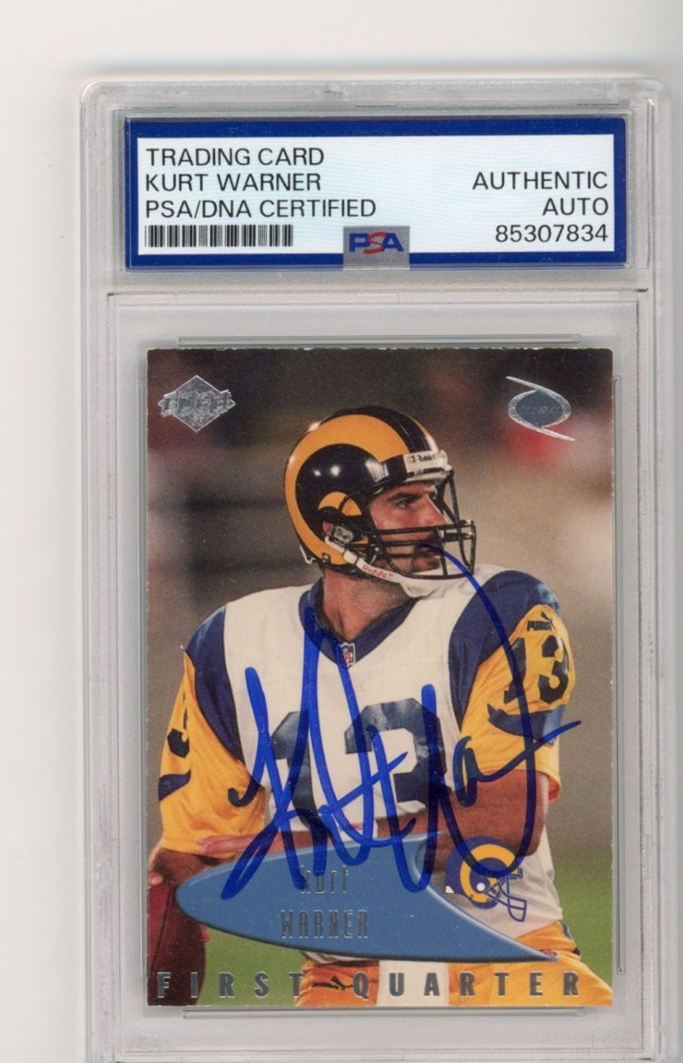 1999 COLLECTOR'S EDGE KURT WARNER SIGNED FOOTBALL CARD AUTO RAMS HOF RC PSA/DNA