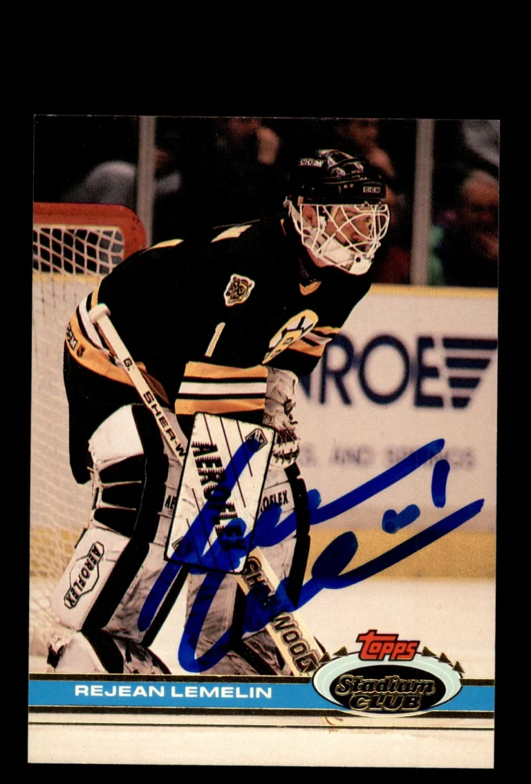 Signed Hockey Card Auto Rejean Lemelin 1991-92 Stadium Club #23 Boston Bruins