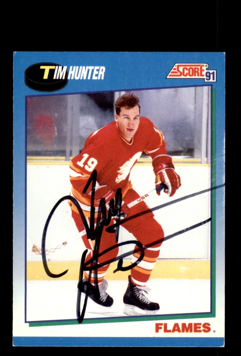 Signed Hockey Card Auto Tim Hunter 1991-92 Score  #537 Calgary Flames