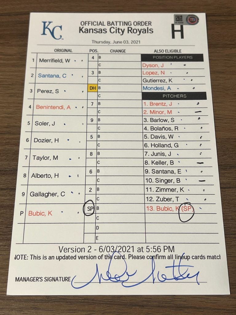 2021 GAME USED KANSAS CITY ROYALS BASEBALL UMPIRE LINE UP CARD 6/3 PEREZ 2 HR