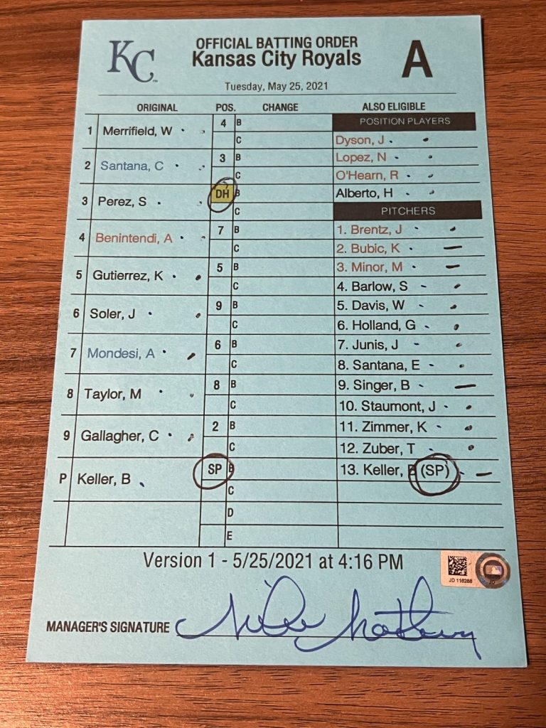2021 GAME USED KANSAS CITY ROYALS BASEBALL UMPIRE LINE UP CARD 5/25